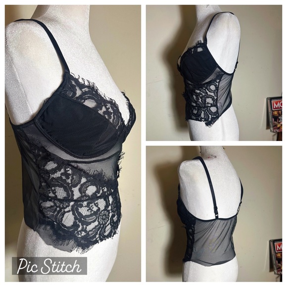 Black lace cropped cami with sheer cutouts, adjustable straps, soft cups sz S - Picture 3 of 5